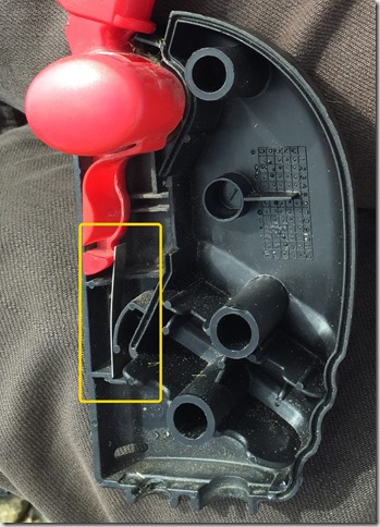 Qualcast Handle L shaped Spring Position highlighted with yellow box